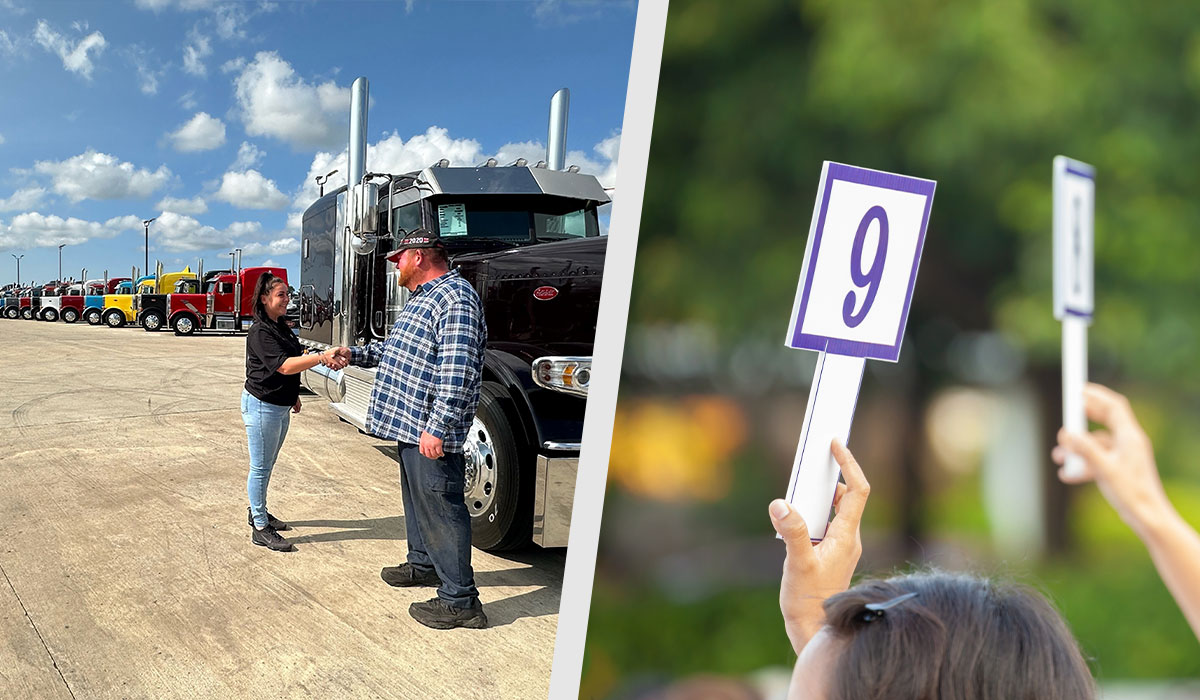 Split image: On the left, a salesperson and customer shake hands beside a row of semi trucks in a dealership lot; on the right, a person holds up a paddle displaying the number 9, as if bidding at a semi-truck auction.
