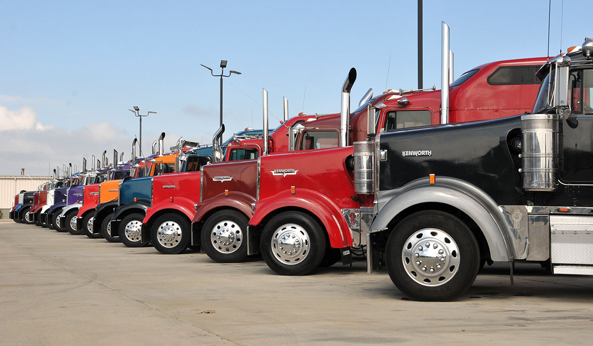 A line of Kenworth trucks in all colors.