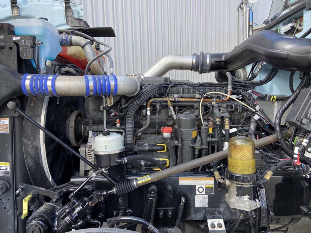 Under the hood of a peterbilt 389 semi truck